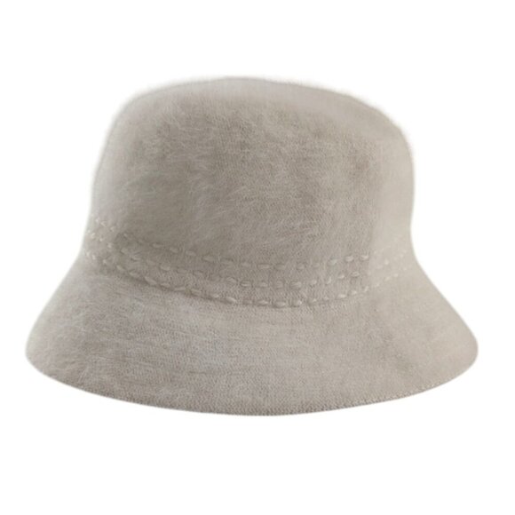 Y2k Off White Cream Rabbit Hair Wool Fuzzy Soft Embroidered Bucket Hat - Picture 1 of 5